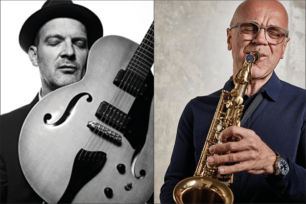 Fotocollage zeigt Wolfgang Muthspiel mit Gitarre und Peter Materna mit Saxophon
