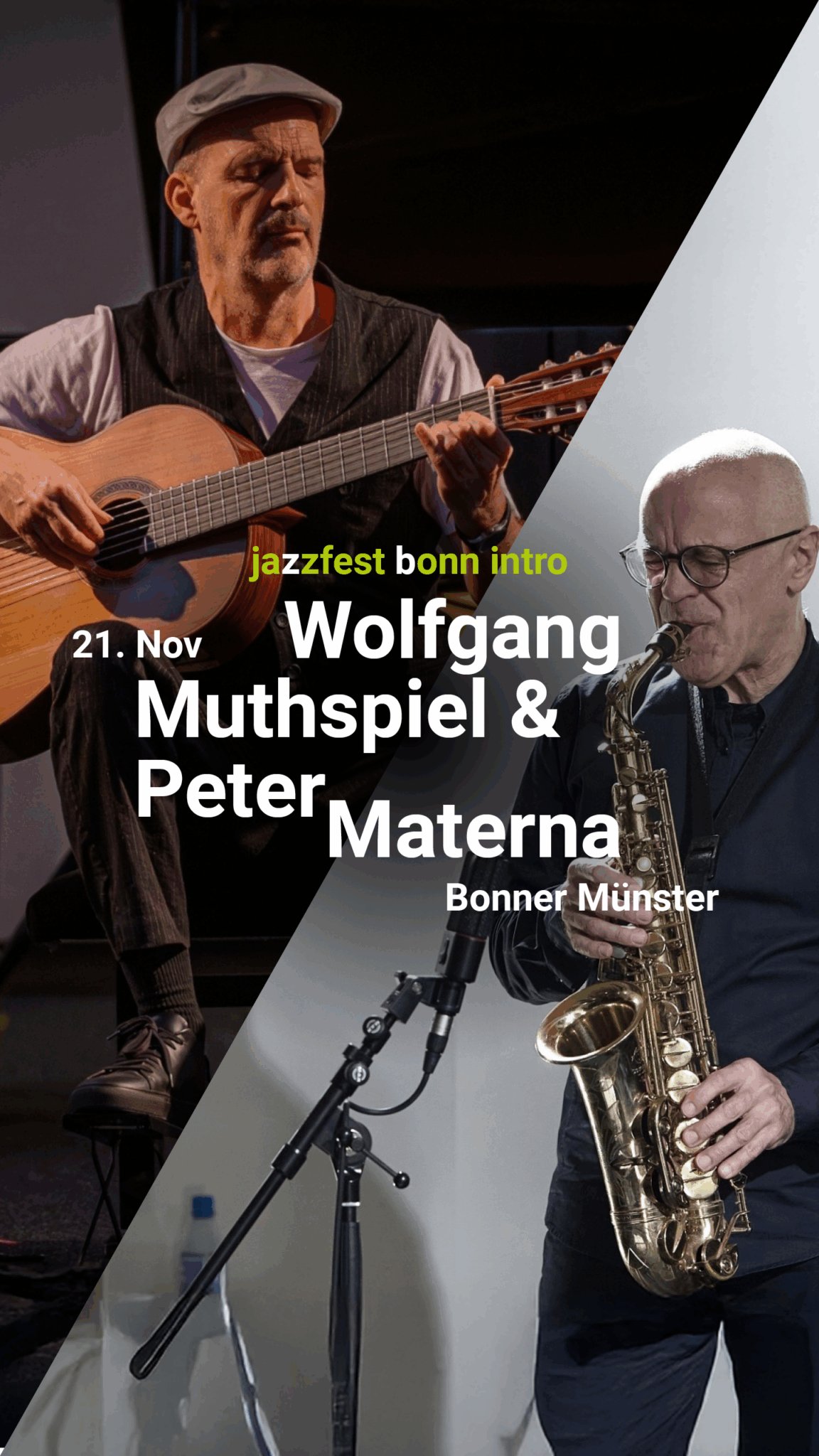 Konzertreihe Jazzfest Bonn Intro am 21. November, 19:30 Uhr, Bonner Münster, Fotocollage zeigt Wolfgang Muthspiel und Peter Materna