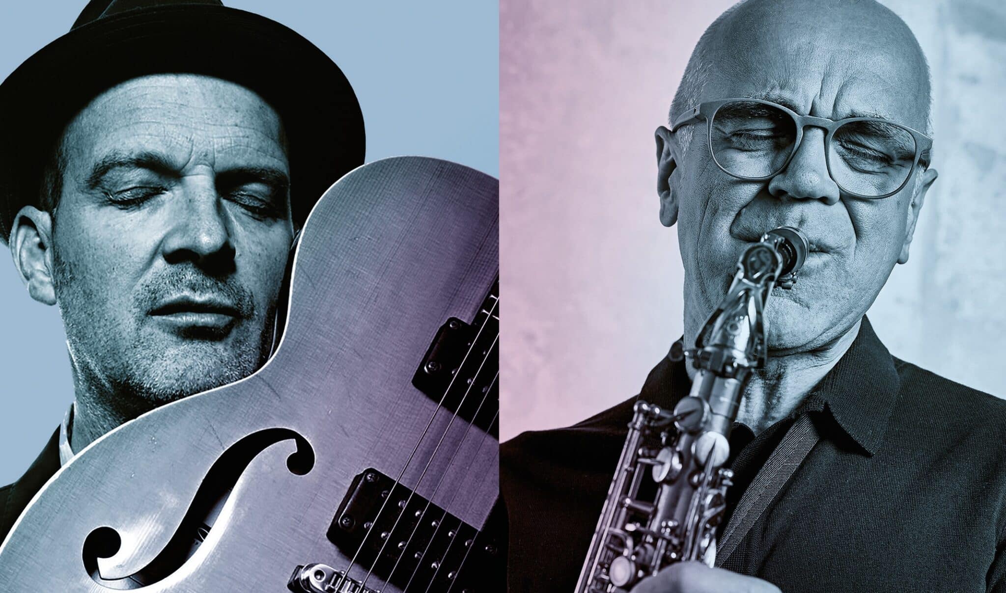 Collage: Wolfgang Muthspiel mit Gitarre, Peter Materna mit Saxophon, Promfotos Jazzfest Bonn 2026 Foto Wolfgang Muthspiel © Laura Pleifer Foto Peter Materna © Boris Breuer