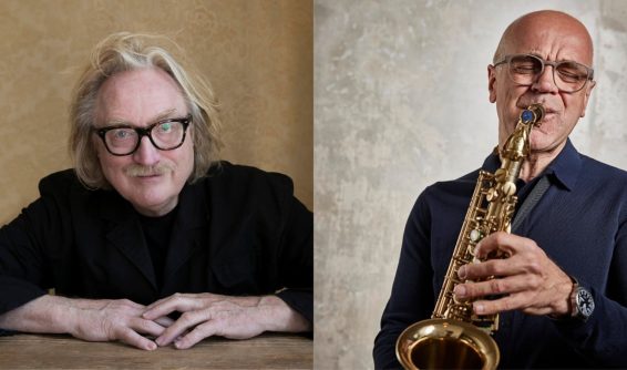 Collage mit Porträts von Jasper van’t Hof und Peter Materna, Saxophon im Einsatz, Promofotos, Jazzfest Bonn 2026.